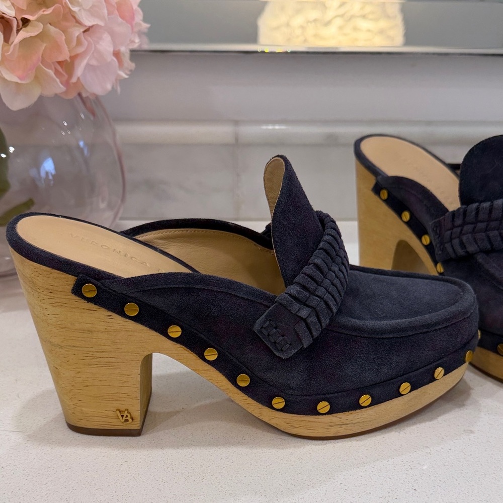 Veronica Beard Navy Suede Mules with Gold Accents - Picture 2 of 11